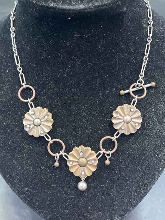 Thomas Mann Techno Necklace: Necklace is about 15" l and condition is good. Bronze, brass and silver. See pictures. No refunds given. The absence of a condition report does not