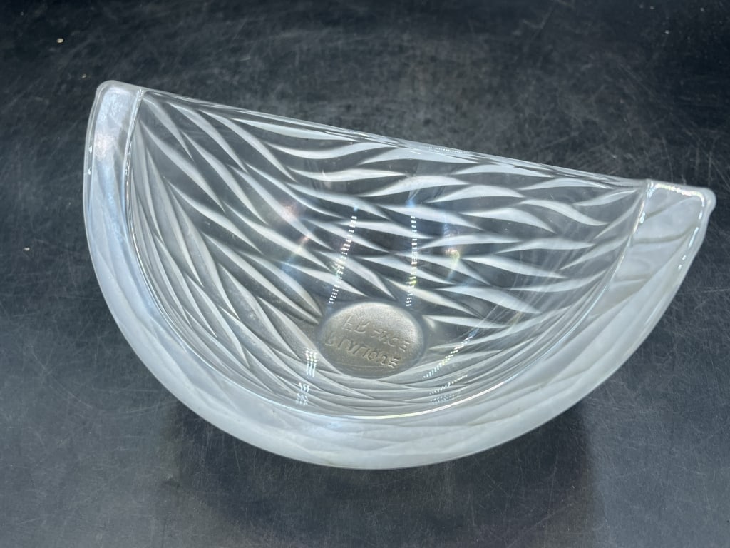 Lalique France Bowl: Marked on bottom. Solid heavy piece that measures 4.5" x 8" x 6.5". Condition is consistent with age and use. No refunds given.
