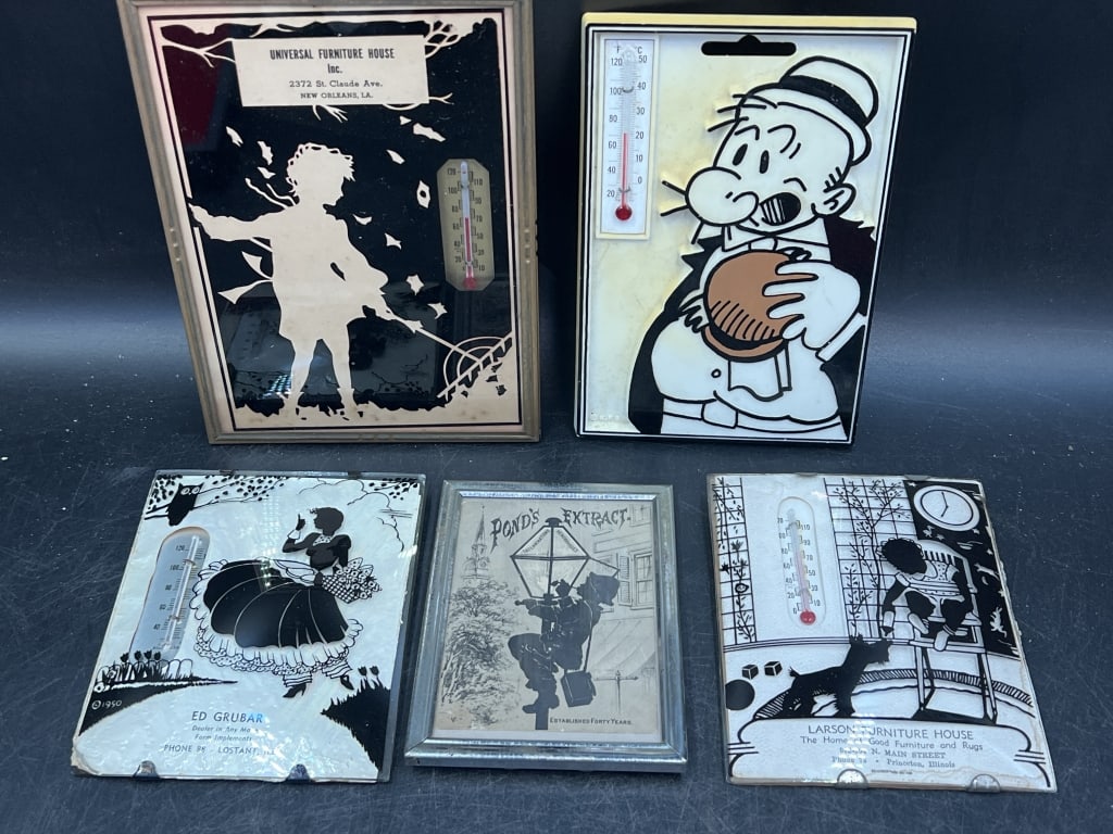 Vintage Victorian Advertisements: From estate of P, Wagner North Carolina. There are 5 advertisements with paintings and thermometers of different company's. One which shows Ponds Extract is a Victorian trade care which is a early for