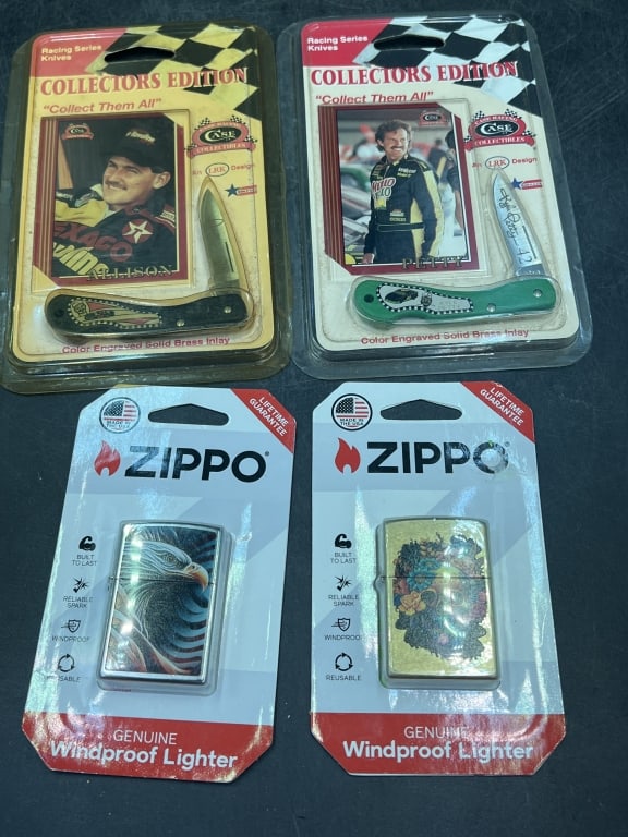 Zippo and Collectible Knives: All in original paper/plastic packets. There is 2 Zippo Lighters and 2 Racing Series Case Collectible pocketknives. Condition is good, see pictures. No refunds given.
