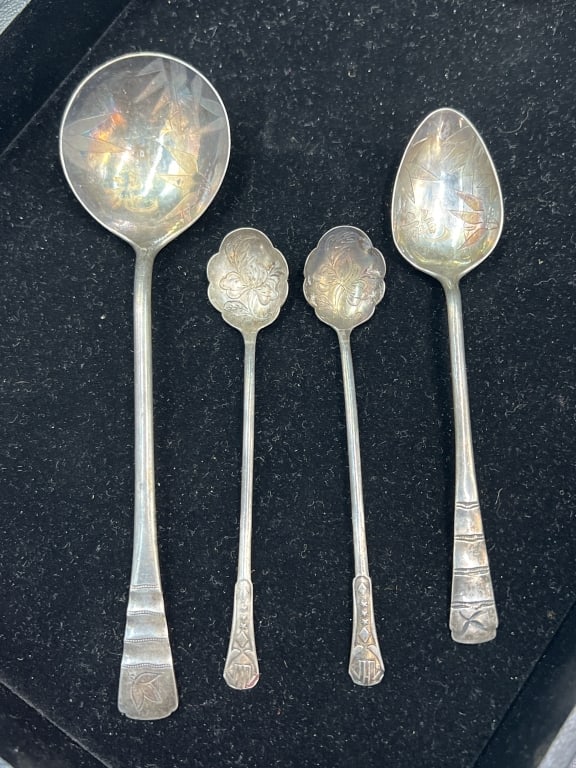 Asian Sterling Flatware: Total of 4 Asian spoons. They weigh a total of 45.8g and condition is consistent with age and use, see pictures. No refunds given.