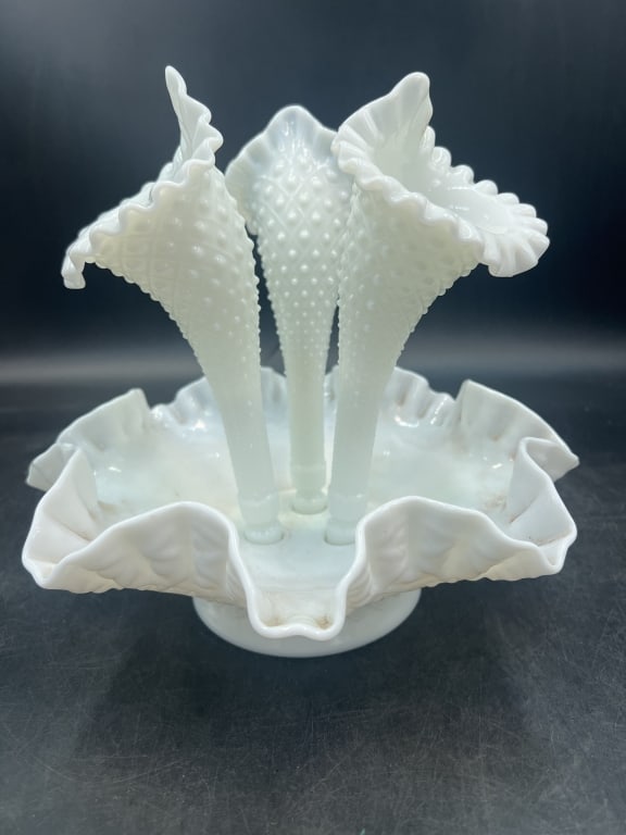 Vintage Fenton Milk Glass Epergne: 3 horn Flower Centerpiece Bottom of bowl w/3 holes for flower horns, They are jack in pulpit style. Measures about 9"h x 10.5". Condition is consistent with age and use. No refunds given.