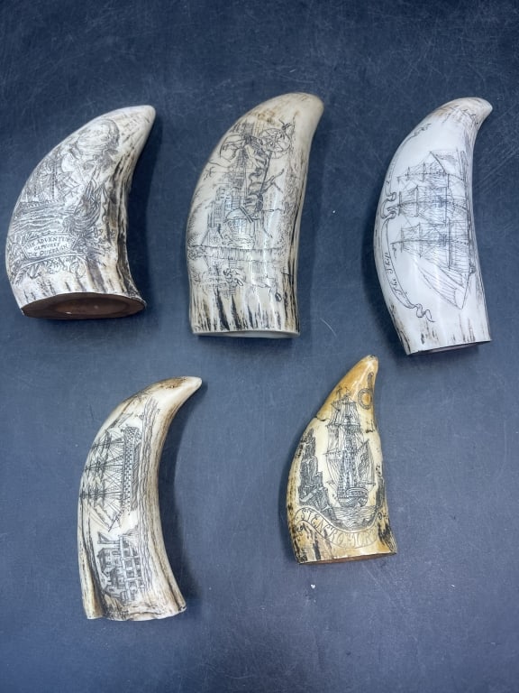 Scrimshaw Carvings Replica Whale Teeth: Total of 5 in this lot. The measures from 3 3/4" to 6". Nicely scrimshawed pieces. Condition is consistent with use, see pictures. No refunds given.