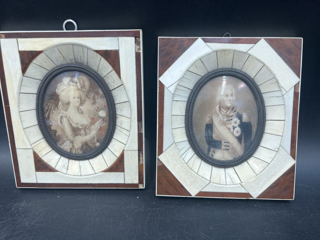 Vintage Carved Hand Painted Picture Frames: Frames made with carved pieces. Pictures are hand painted. German writing on the back. Portrait of military officer and Marie Antoinette. Condition is consistent with age and use. Measures 5 3/4" x 5"
