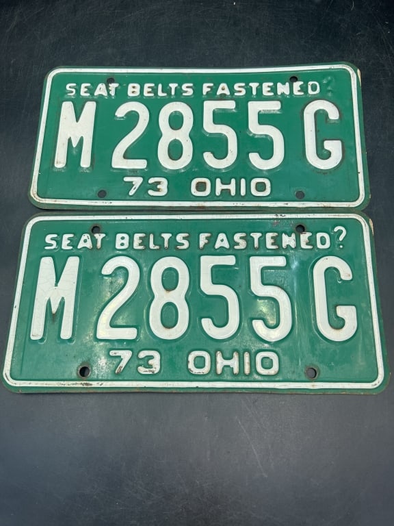 Vintage License Plates: Set of plates for 1973 Ohio. Seat belts fastened? on plates. Conditiion is consistent with age and use, see pictures. No refunds given.