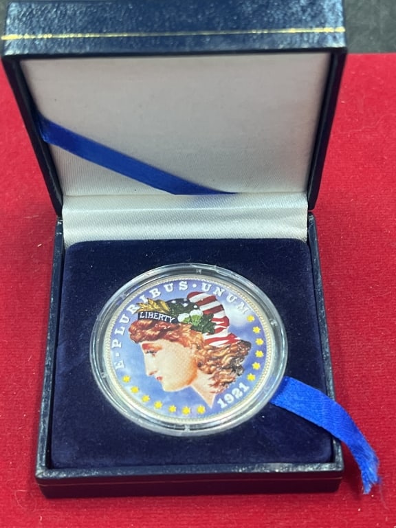 1921 Colorized Morgan Dollar: In original case and with plastic hard cover on coin. See pictures, No refund given.