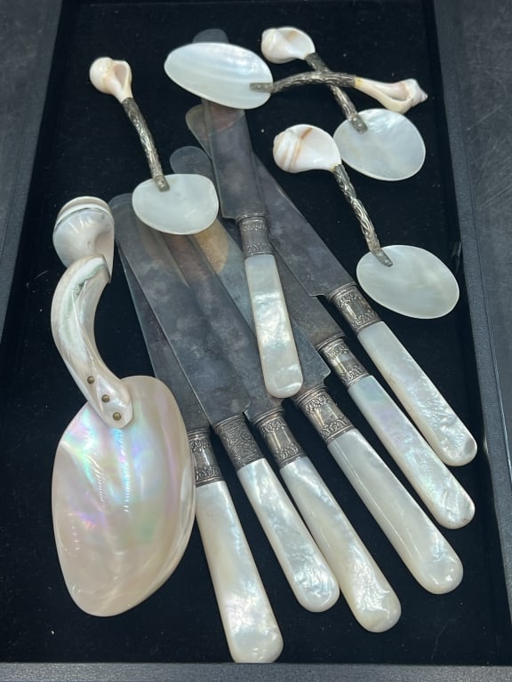 Mother of Pearl Items: This lot seven knives, 5 elaborate spoons. See pictures. Condition is good. No refunds given.
