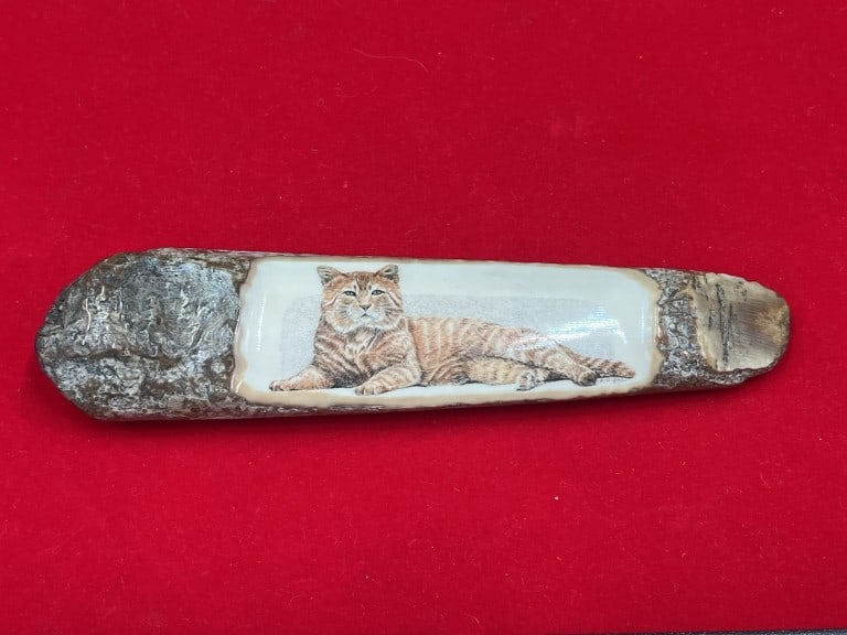 Carved Fossilized Mammoth Scrimshaw Cat 'Anna Good': Scrimshaw cat with so much detail, look. Carved piece by Artist Anna Good. Measures 7 1/4" x 1 1/2". Condition is consistent with age and use, see pictures. No refunds given.