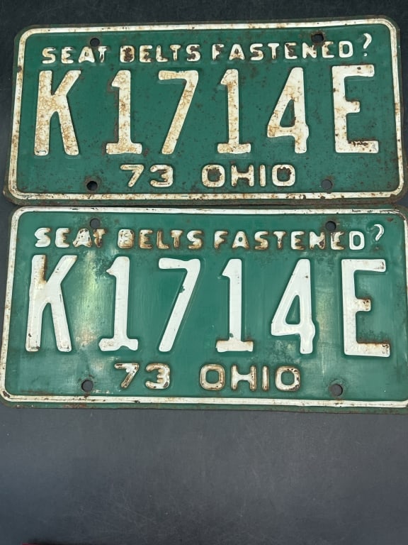 1973 Ohio License Plates: Double set of Seat Belts Fastened plates. Condition is consistent with age and use, see pictues. No efunds given.