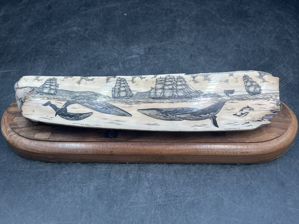 Vintage Scrimshaw Fosslized Mammoth Signed: Work of art this piece. Ships, seals, sky and water stunning piece. Signed by B J Daumiller 83. Measures 9" x 2" x 1". See pictures, don't miss this one. No refunds given.