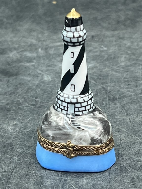 Limoge Trinket Box Light House: Nice piece that is signed on bottom. Hand painted and condition is good, see pictures. No refunds given.