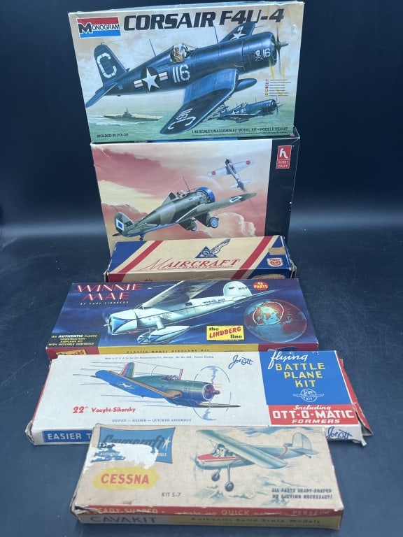 Vintage Model Kits: Total of 6 in this lot. There is Covocraft, Monogram, Lindberg, Joe Ott, Maircraft and Hobby Craft. Condition is consistent on use and age, see pictures. No refunds given.