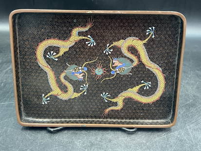 Vintage Old Chinese Cloisonne Yellow Dragon Tray: Featuring yellow dragons from Meiji era. These dragons has 5 laws chasing a flaming pearl which symbolizes wisdom and prosperity. Measures 8 3/4" x 6 1/4" x 3/4". Condition is consistent on age, see p