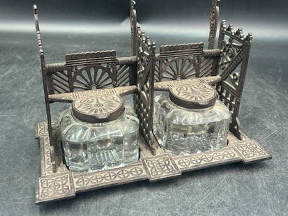 Victorian Double Inkwell: Features 2 ink reservoirs made of crystal and set within ornate base. Measures 5.5" x 8.5" x 4 3/4". See pictures, condition is consistent with age and use. No refunds given.
