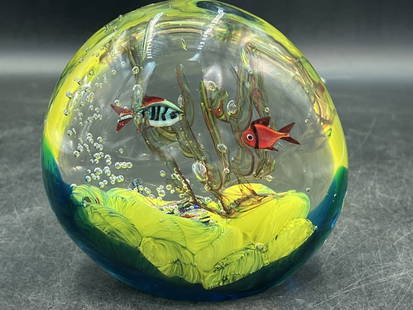 Murano Art Glass Aquarium Sculpture Signed: Detailed underwater scene with fish, coral and bubbles encapsulated in clear glass. See signature. Condition is consistent with age and use, good condition. No refunds given.