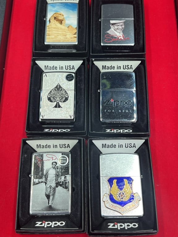 Zippo Lighters: Total of 6 in this lot. All come with original boxes and are in new condition. See pictures. No refunds given.