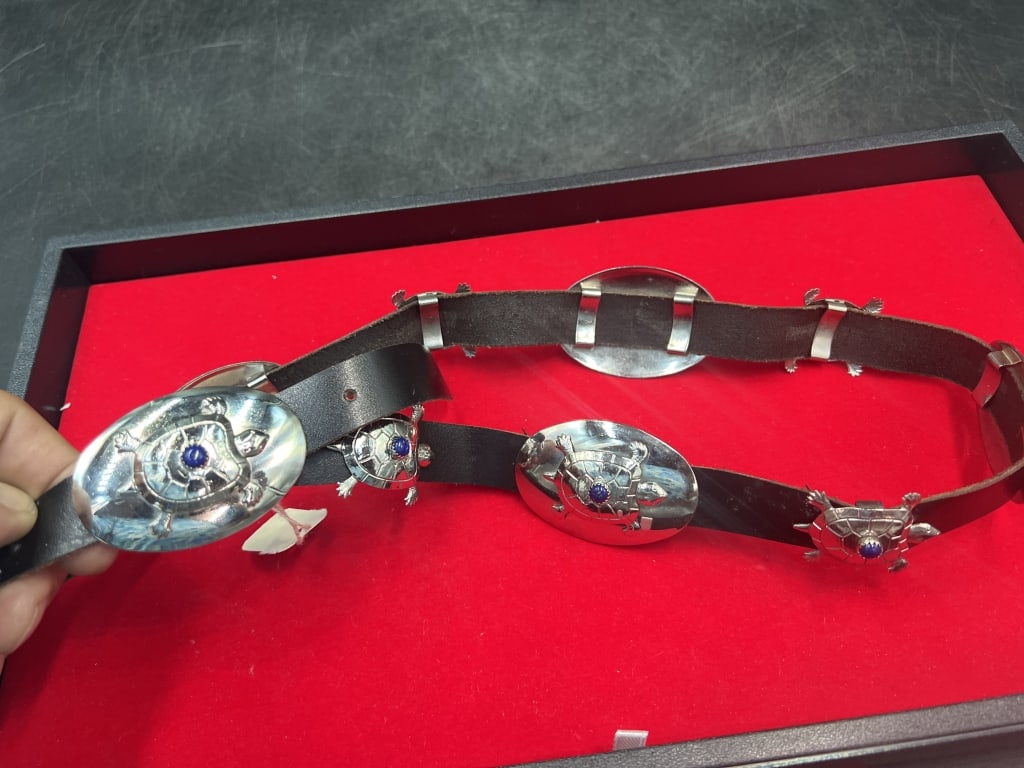 Concho Belt 'Signed': Measures 34" and conchos are about 1.5" to 2 1/4". Signed on buckle. See pictures. condition is good. No refunds given.