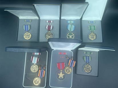 Vintage Military Medals: Total of 7 in this lot and all in original boxes. Military Merits and Defense Meritorious Service and War on Terrorism Service Medal. See pictures, condition is consistent with age and use. No refundg