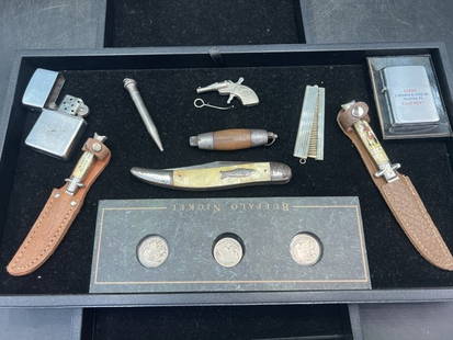 Vintage Mix Lot: This lot has knives, lighters, Buffalo Nickels, mini cap gun etc. Awesome lot. See pictures. Condition is consistent with age and use. No refunds given.