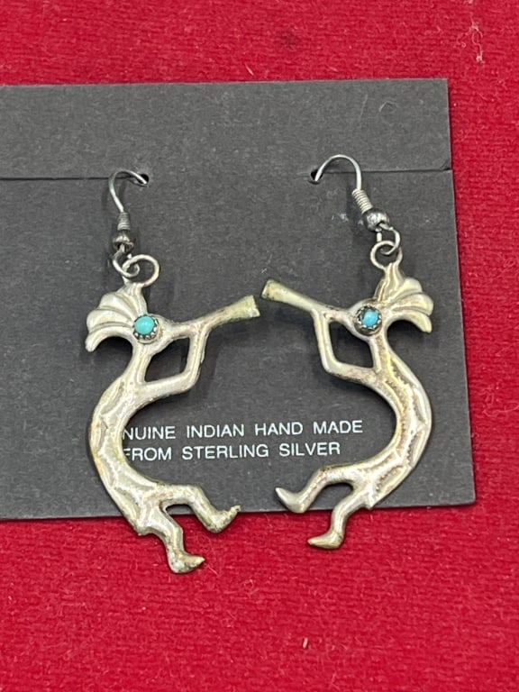 Sterling Native American Kachina Dancer Earrings: Nice sterling earrings with turquoise on original tag. Genuine Indian Hand Made. Measures kachina 1.5" and weigh 3.5g. See pictures, no refunds given
