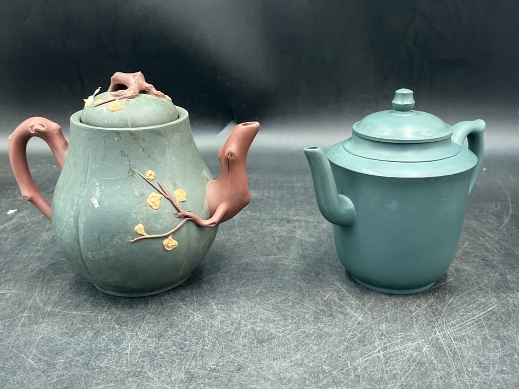 vintage Chinese Teapots: Total of 2 in this lot. Both are signed on the bottom. One is made from metal and the other clay ware teapot. Measures about 5" and 5.5". Condition is good on both, see pictures. No refunds given.