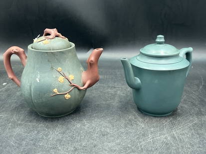 vintage Chinese Teapots: Total of 2 in this lot. Both are signed on the bottom. One is made from metal and the other clay ware teapot. Measures about 5" and 5.5". Condition is good on both, see pictures. No refunds given.