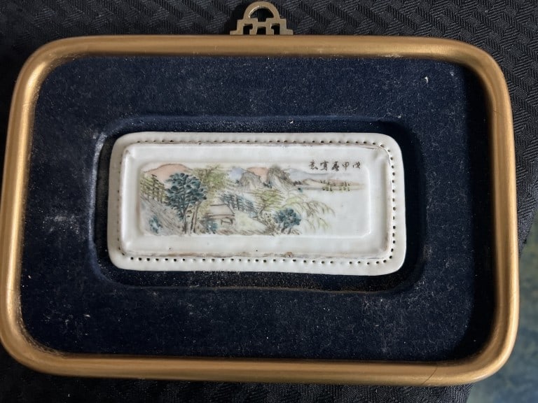 Antique Chinese Qing Period Wucai Plaque: Landcape Pillow Plaque. Piece that is in frame for display. Signed also. Overall measures 6.5" x 8.5" x 1" . Frame has a felt back. Hand painted. See pictures. No refunds given.