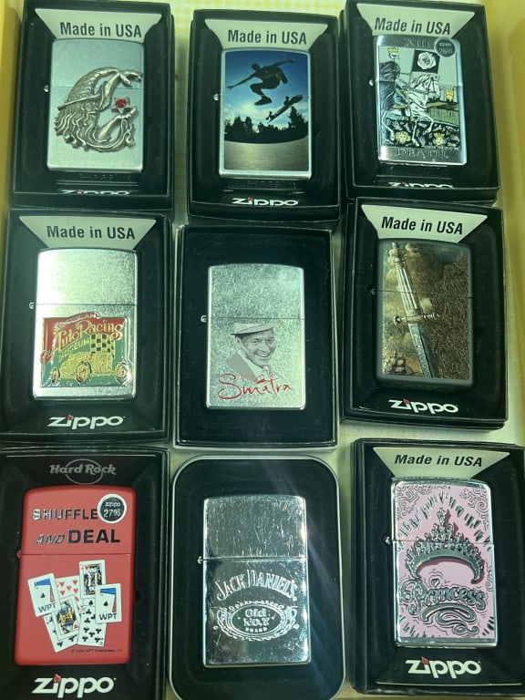 Zippo Lighters: Total of 9 zippo lighters in cases. Condition is new, see pictures. No refunds given.