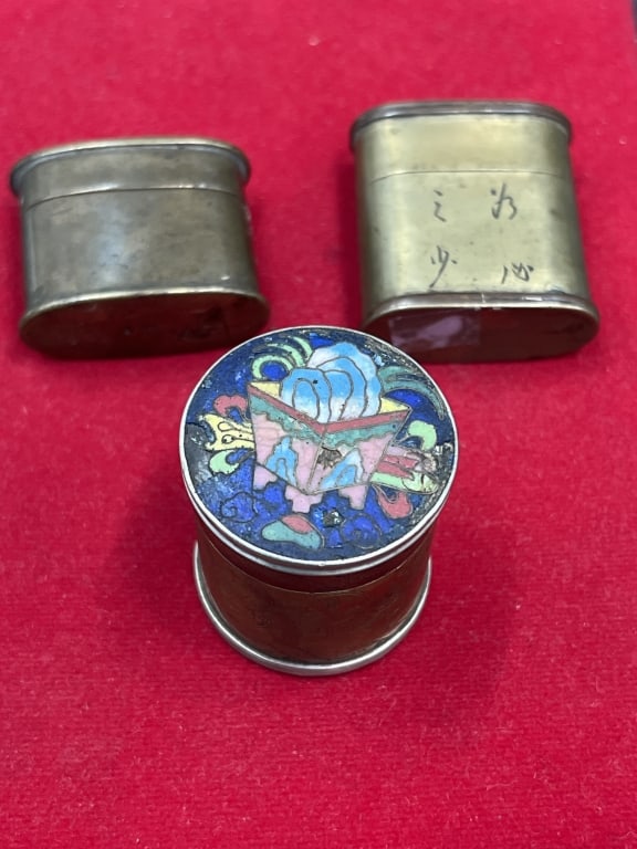 Antique Chinese Keepsake Containers: Early signed pieces total of 3. One has enamel on top. Condition is good for age and use, see pictures. No refunds given.