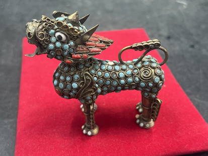 Vintagte Chinese Brass Turquoise Coral Foo Dog: Nice early piece. Decorate piece, see pictures. Condition is consistent with age and use. Some pieces are missing. No refunds given.