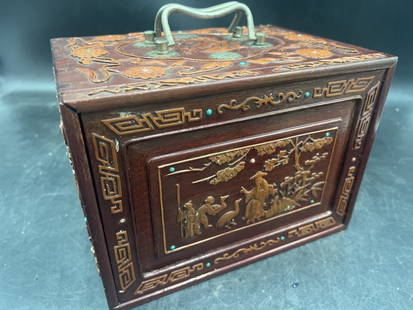 Antique Chinese Mahjong Wood Box: Very beautiful wood intricately carved box with turquoise Measures 6 1/4" x 9 1/4" x 6 1/2". 5 draws and condition is good, see pictures. No refunds given.