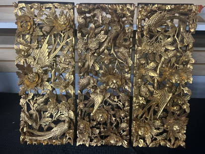 Antique Chinese Carved Panels Giltwood: Featuring intricate three dimensional carvings of phoenixs, birds and gold leafed floral motifs. Dating back to 19th century Qing Dynasty. Very detailed and delicate craftsmanship. Original patina and