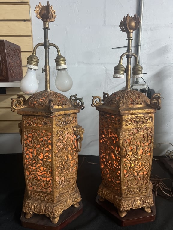Vintage Janpense Style Lantern: Intricate ornate metalwork with detailed scrollwork. Suggests a traditional pagoda or temple lantern style. Lamps used in temples. Possibly early to mid 20th century. Measures 28 1/2" h and widest poi