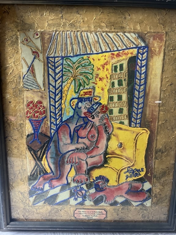 Gerald LaPole Artwork 'The Kiss on a Yellow Sofa': Signed and paperwork on the back. Frame measures 25" x 25.5" x 1.5". Condition is good, see pictures. No refunds given Measures in frame .22 3/4" x 19 x 1.5"