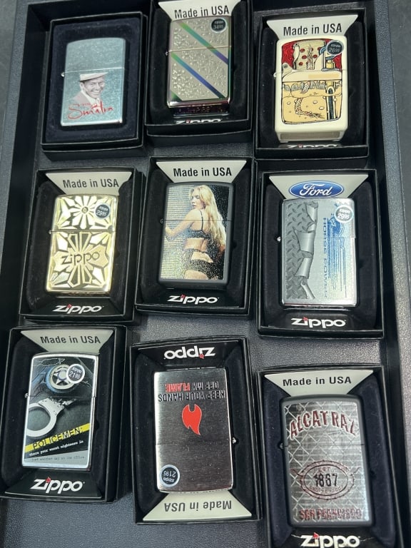 Zippo Lighters: Total of 9 in this lot. All have original boxes, see pictures. No refunds given.