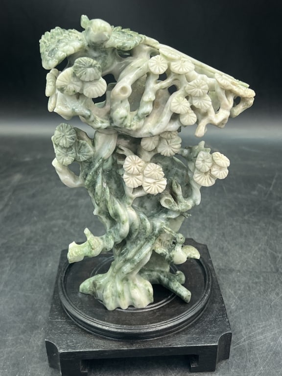Vintage Chinese Jade Fengshui Crane Bird Flower.: Depicting a tree with birds and flowers. Symbolizing longevity, peace and prosperity. Measures w/o base 7.5" x 5". Chinese piece from 20th century or earlier. See pictures. Piece is 2 pieces. Conditio