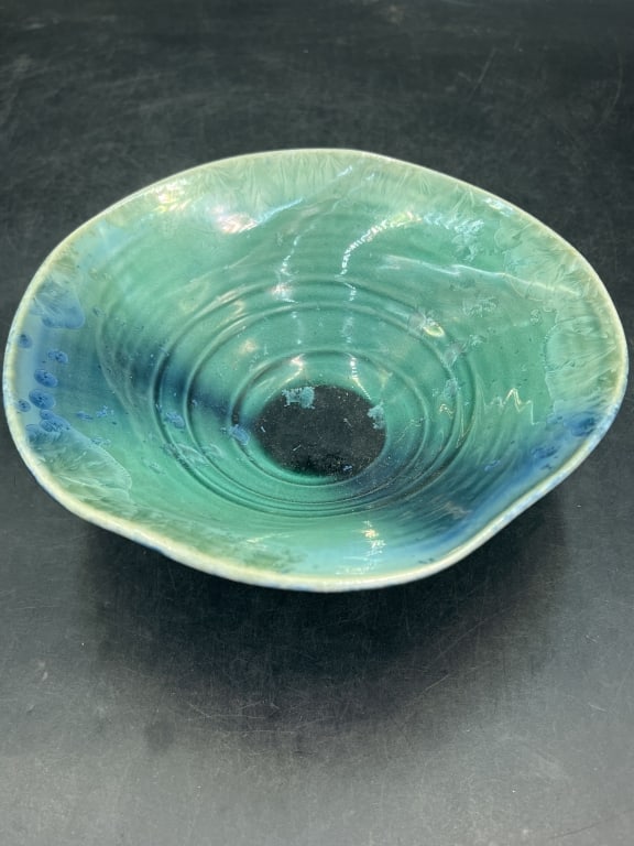 Vintage Studio Art Pottery Centerpiece: Handcrafted with glazed finish featuring shades of green and blue. Measures 3" x 8 1/4". Condition is consistent with age and use, see pictures. No refunds given.
