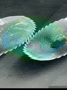 Vintage Studio Art Pottery Centerpiece: Handcrafted with glazed finish featuring shades of green and blue. Measures 3" x 8 1/4". Condition is consistent with age and use, see pictures. No refunds given.