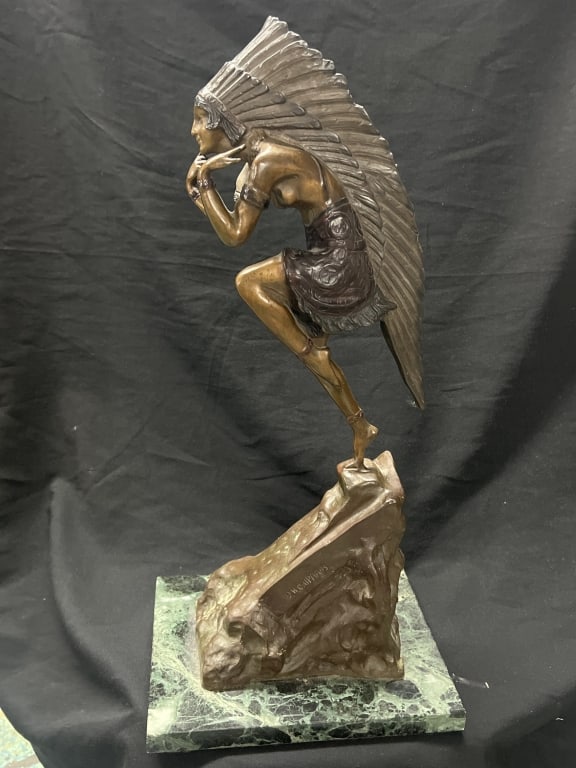 Bronze Dancing Indian Princess 'Chiparus': Signed piece "Chiparus". After Demetre Chiparus bronze sculpture on granite base. Measures with base 20.5" x 10" x 7 1/4". Condition is consistent with age, see pictures. No refunds given. Third party