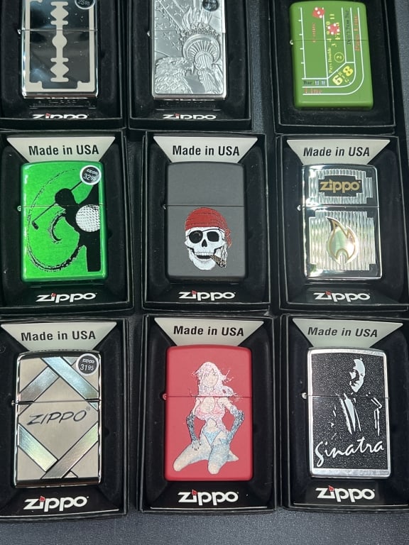 Zippo Lighters: Total of 9 in this lot. All in original boxes. Condition good, see pictures. No refunds given.