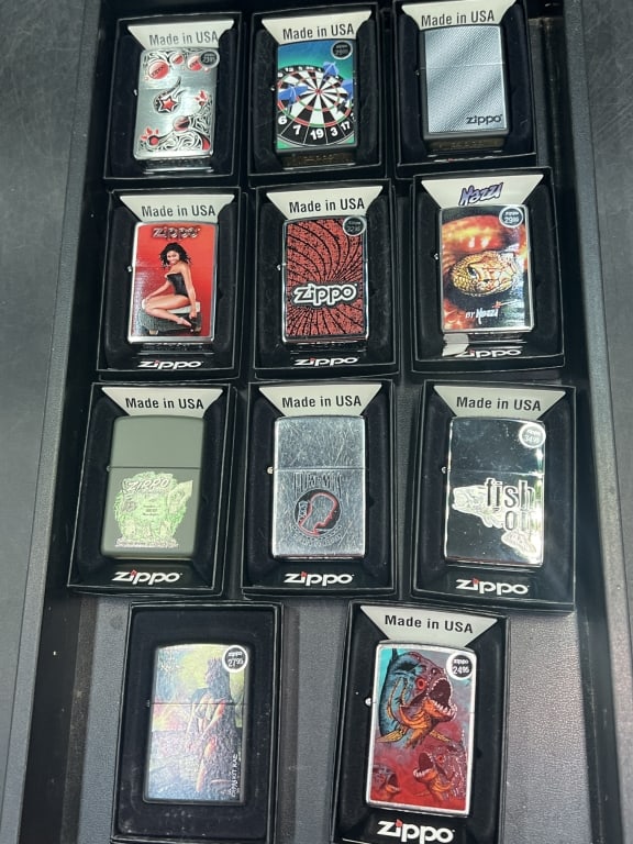 Zippo Lighers: Total of 8 in this lot and all have original boxes. See pictures, no refunds given.