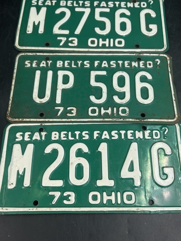 Vintage Ohio License Plates: Total of 3 in this lot. All are from Ohio 1973. Condition is consistent with age and use, see pictures. No refunds given.