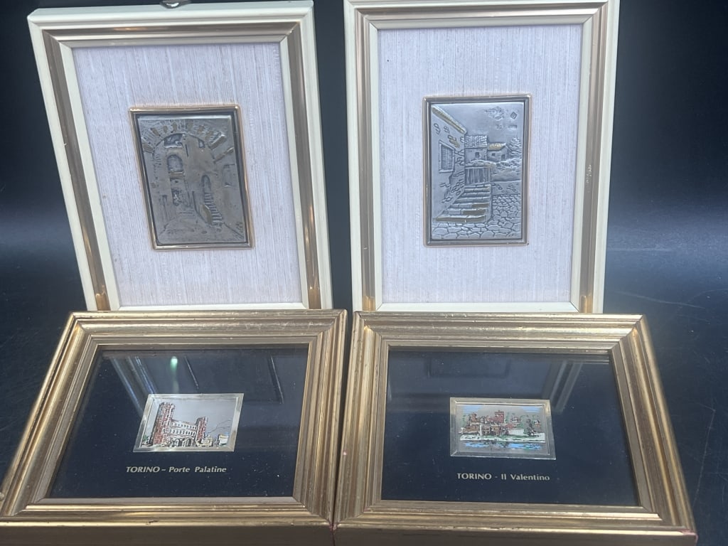 Vintage Italian Artwork: Two of the artwork is by Alessandro Zenobi Bassorelievo Sterling silver frames sculpture of Italy street Measures 5 1/2 x 4 1/4 x .5. The other two are framed miniature by Assis Balicaa Di S Francesco