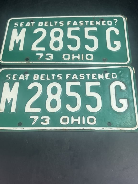 Vintage Ohio License Plates: Set of 1973 license plates from Ohio. See pictures, condition is consistent with age and use. No refunds given.