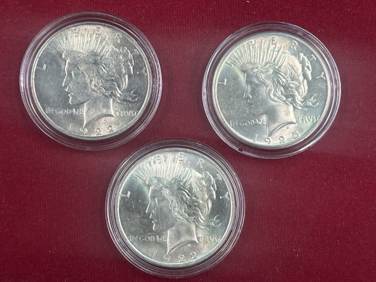 Peace Silver Dollars: Total of 3 in this lot. They are years (2) 1922 and (1) 1925. All uncircirculated and in protective plastic cases. See pictures. Condition is in good condition. No refunds given.