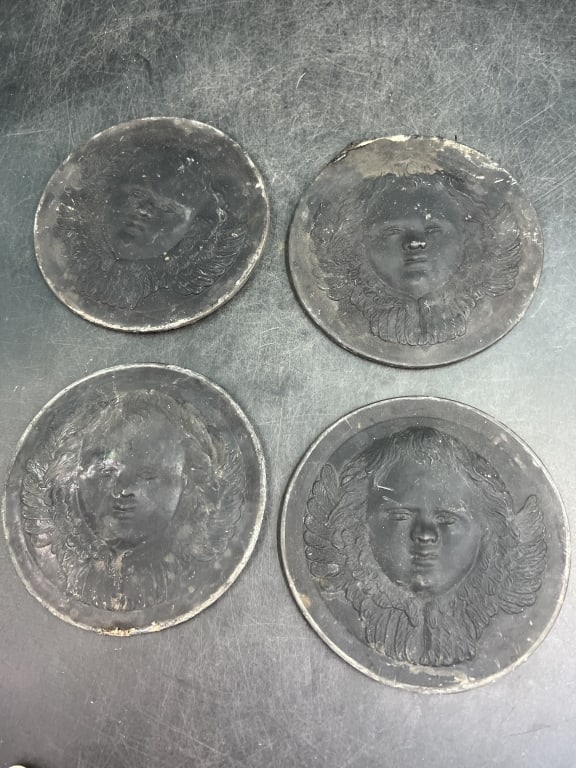 Vintage Tiffany Studio Glass Cherub Roundels: This a pair in this lot. Condition is consistent with age, see pictures. Measures 5 1/4". Please read our terms of sale, no refunds given.