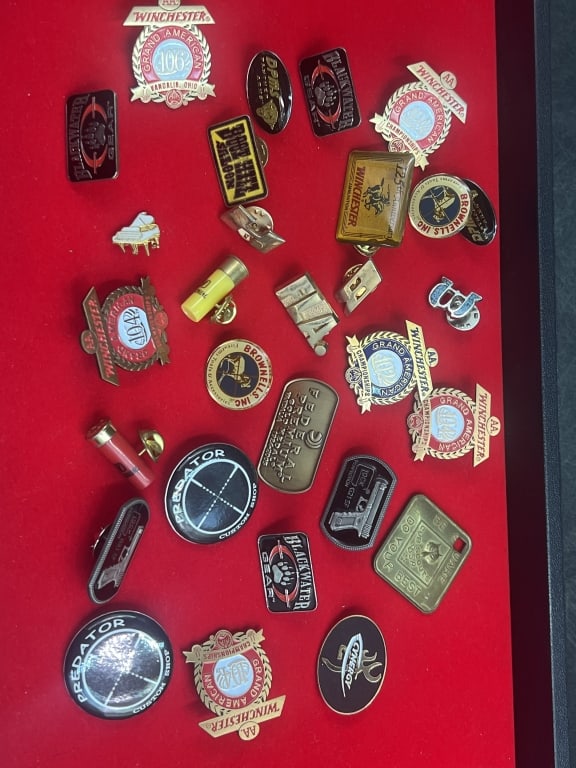 Vintage Pins: Mostly vintage Winchester pins in this lot. Total of 30 pins in this lot (7 are Winchester). See pictures, condition is good. No refunds given.