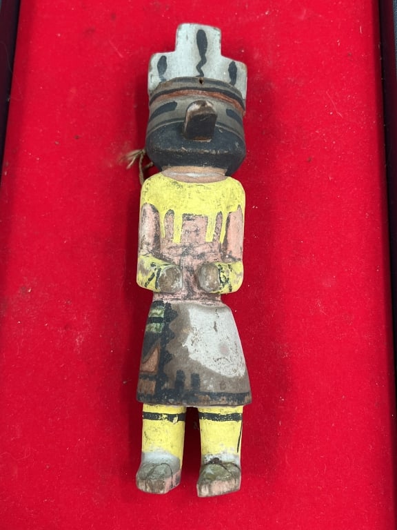Vintage Hopi Katsina Doll: Carved by the Hopi people and polychrome painted. Out of estate of world traveler. Carved by cottonwood root. Very old piece that measures 8.5" and condition is consistent with age. See pictures. No r