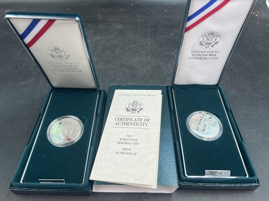 United State Silver Proof Coins: There is a Korean Ware Memorial Coin and Eisenhower Centennial Silver Coin. Both are in there original boxes and both have COA . Condition is good, see pictures. No refunds given.