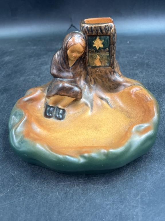 Antique P. Ipsen's Enke Danish Art Pottery: Design is inspired by Hans Christen fairy tale "The Little Match Girl". Serve as ashtray or match holder. Vibrant orange and brown glazes. Produced from 1843 to 1955 Denmark. Condition is consistent w